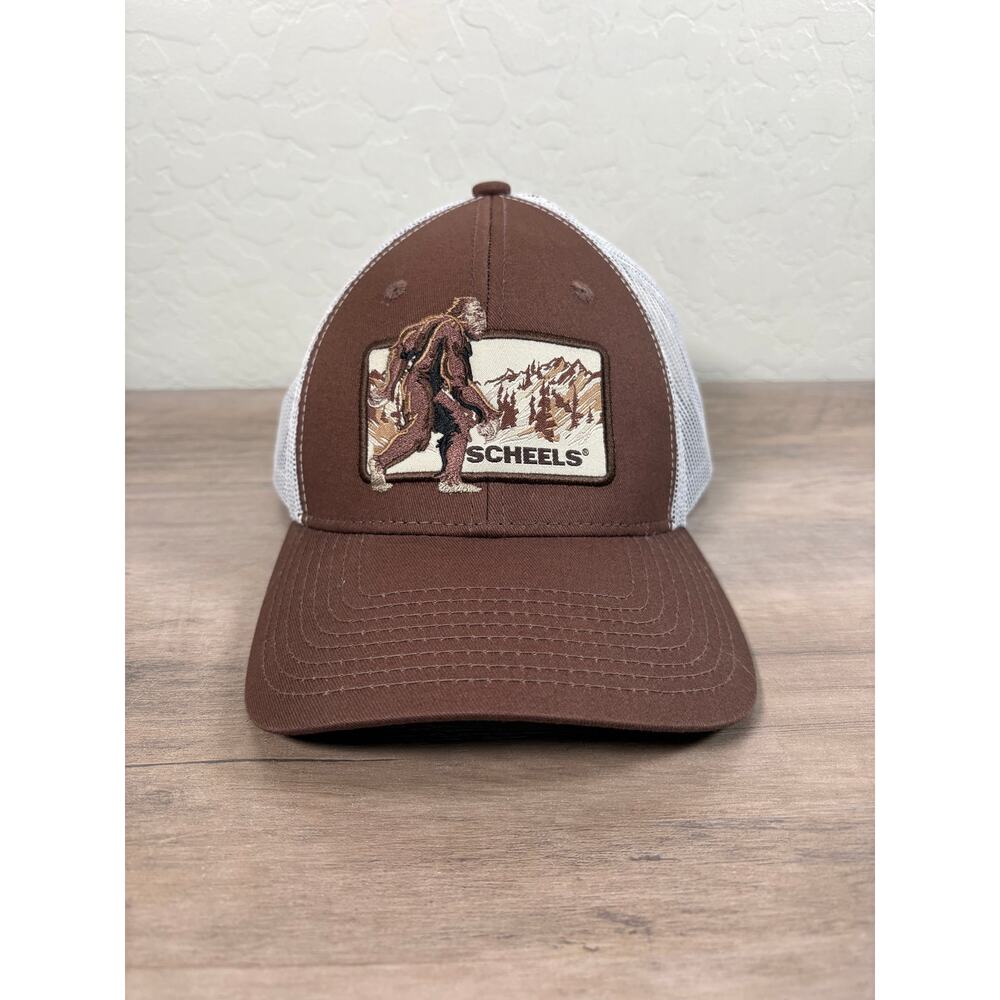 Scheels Sasquatch Bigfoot Brown White Men’s Adjustable Trucker Hat Snapback NWOT